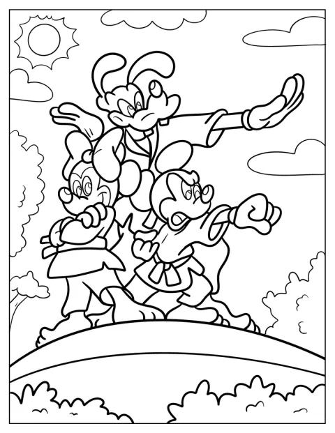 Pateta, Mickey e Minnie treinam movimentos de karaté juntos.
