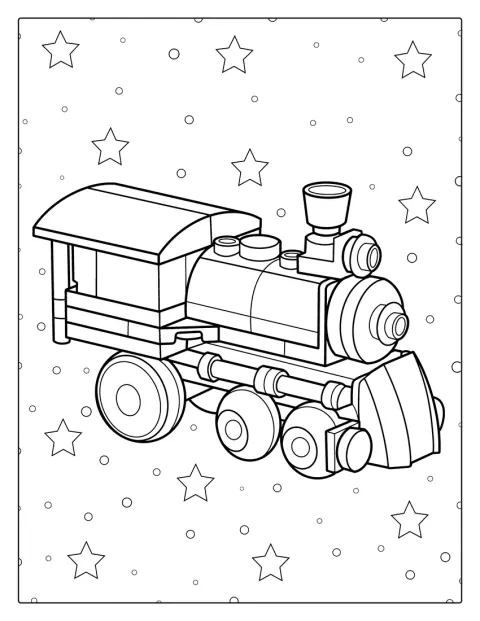 Un tren construit din piese LEGO stă pe șine.
