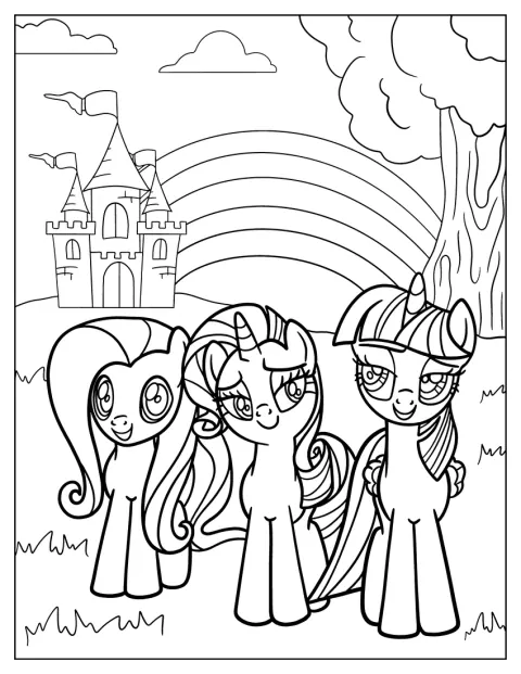 Fluttershy, Rarity e Twilight Sparkle sorriem num campo.