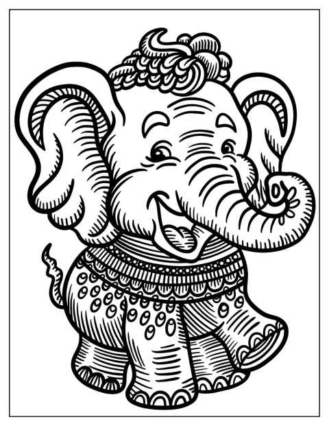 Un elefante bebé de estilo vintage está rodeado de formas ornamentales.