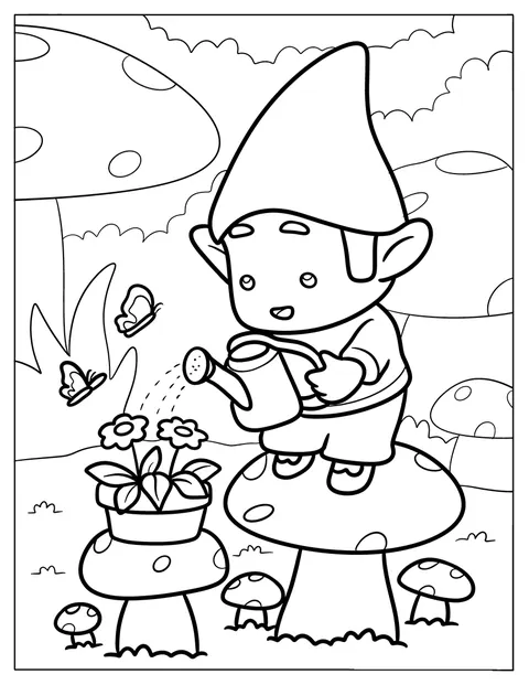 Dans une forêt fantastique de champignons, un gnome chibi arrose des fleurs.