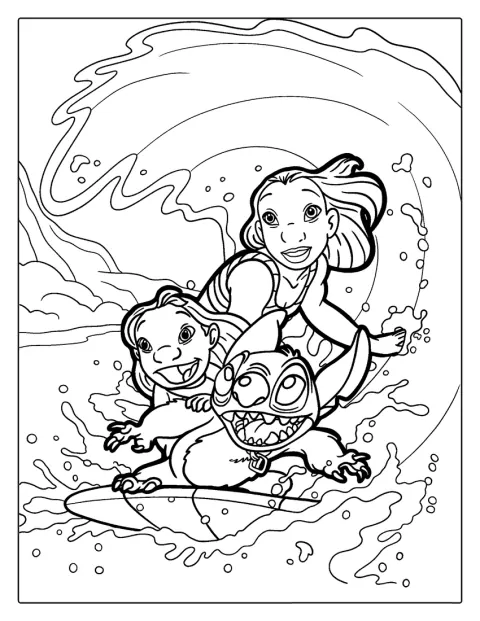 Lilo, Stitch y Nani Pelekai comparten una tabla de surf en el mar.