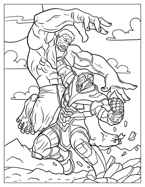 Thanos iskee Hulkia nyrkillään.