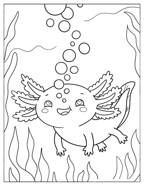 Un ajolote sopla burbujas entre plantas acuáticas.