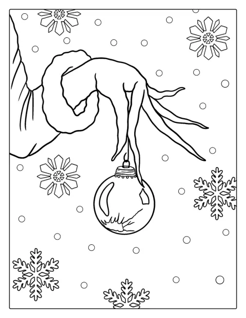 グリンチの手が、クリスマスオーナメントをつかんでいます。