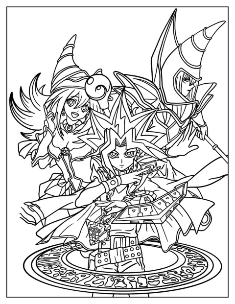 Yugi Mutou står tillsammans med Dark Magician och Dark Magician Girl.
