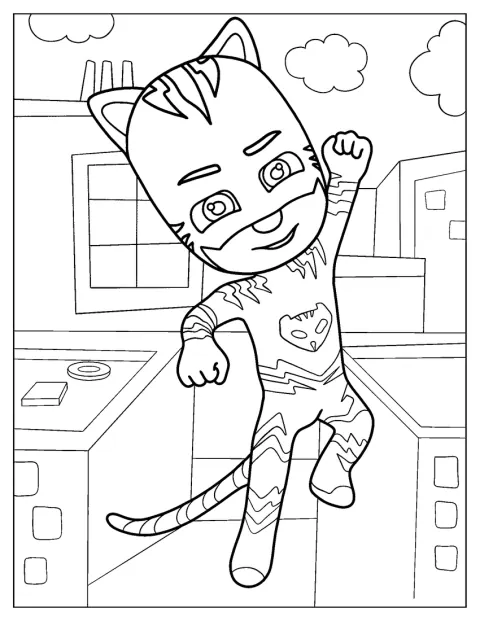Catboy hopper i luften mens han gir en knyttnevehilsen.