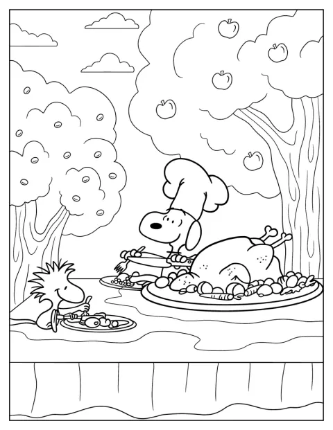 Snoopy e Woodstock partilham um peru à mesa no Dia de Ação de Graças.