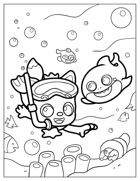 Pinkfong nada ao lado de Baby Shark.