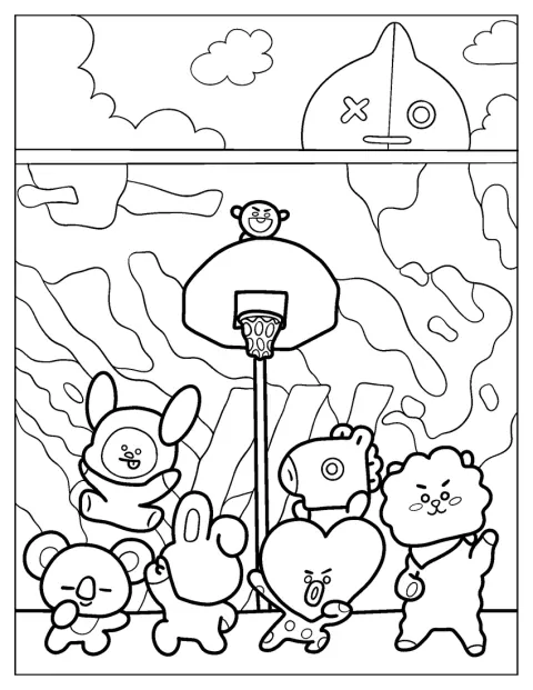 A BT21 barátai együtt kosárlabdáznak a pályán.