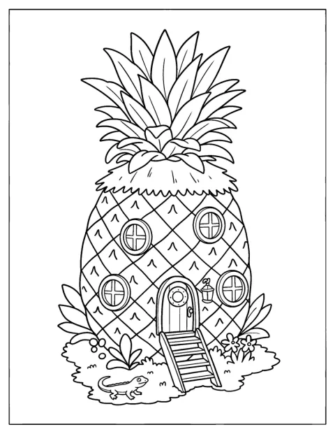 Een hagedis zit bij een huis in de vorm van een ananas.
