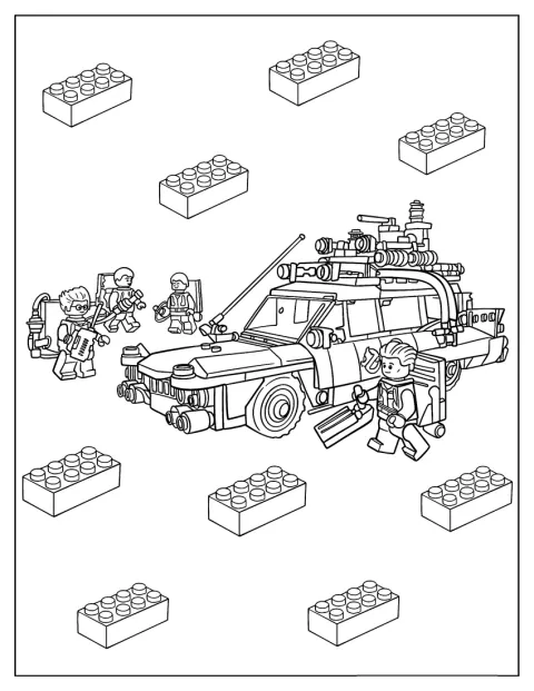 LEGO-Ghostbusters stehen neben ihrem Ecto-1.