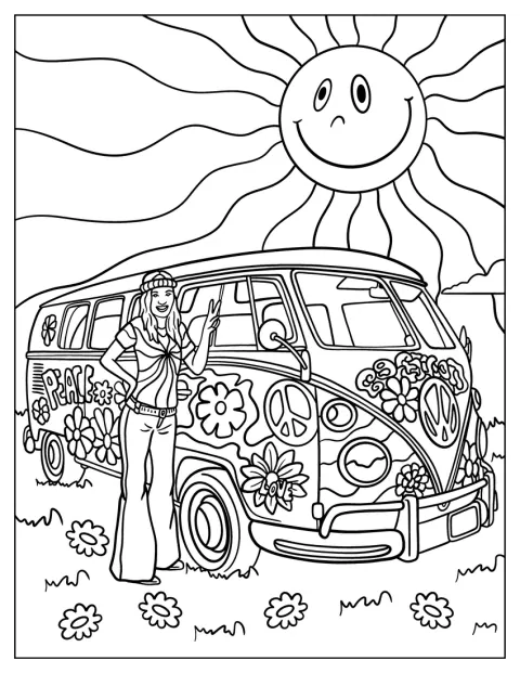 Una chica hippie posa al lado de una furgoneta Volkswagen.