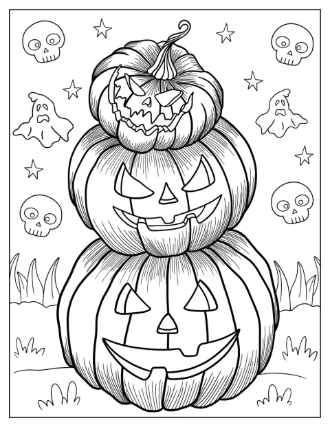 大きさの異なるランタンが積み重なり、その周りをおばけが飛んでいます。