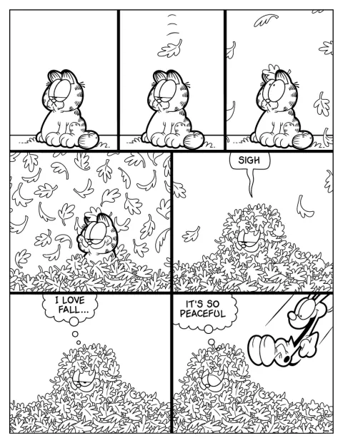 Garfield vive una buffa avventura autunnale in una striscia a fumetti.