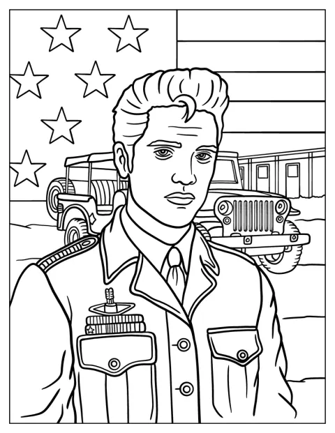 Elvis Presley komoly arccal áll katonai egyenruhában, mögötte dzsip és amerikai zászló látható.