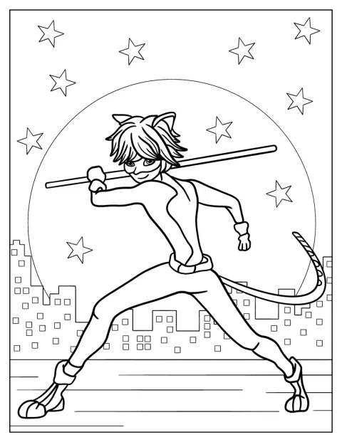 Cat Noir luta com o bastão, pronto para enfrentar um adversário.