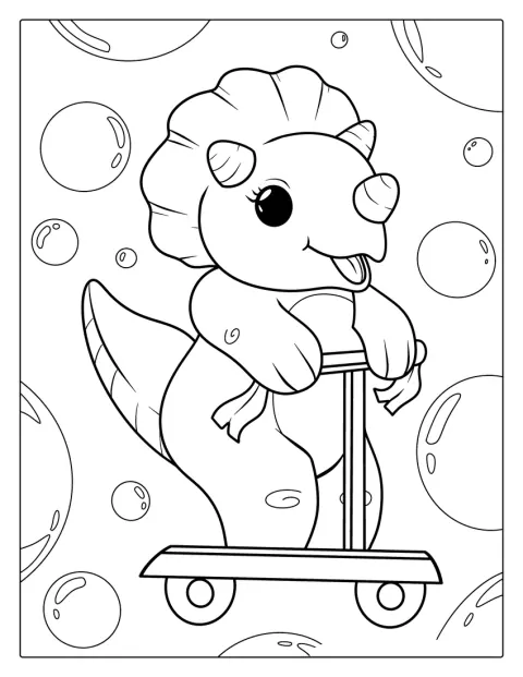 Triceratops w stylu kawaii jedzie na hulajnodze.