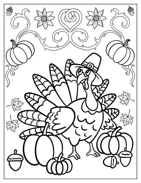 Un pavo con sombrero de peregrino está rodeado de calabazas y bellotas.
