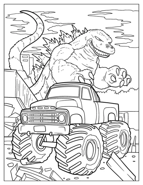 En monstertruck kör bort från Godzilla på en öppen väg.