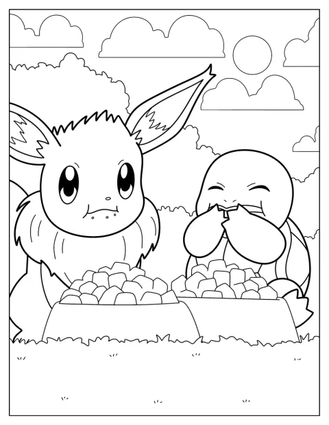 Eevee és Squirtle együtt falatozik.