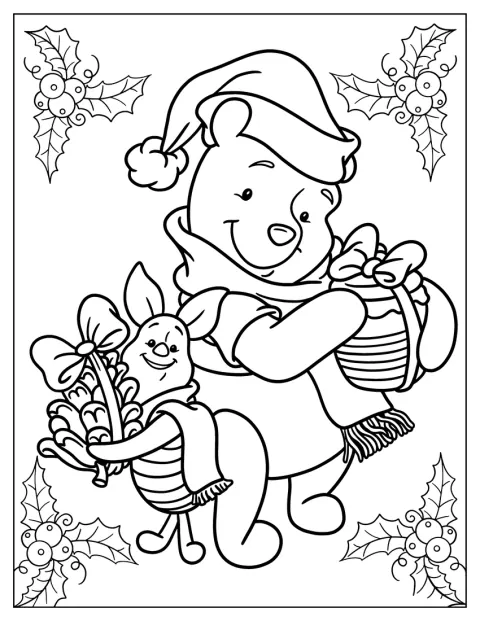 Winnie the Pooh e Pimpi tengono insieme alcuni regali con un fiocco.