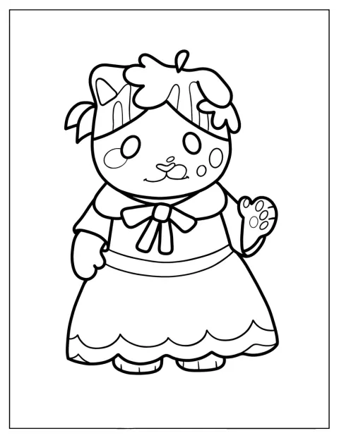 En Calico Critters-kat står i en kjole.