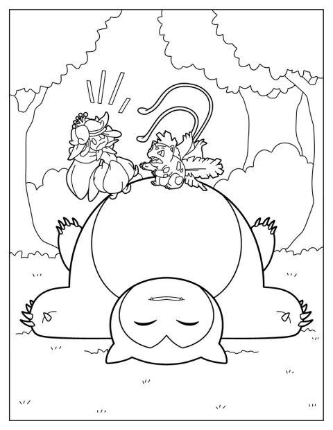 Squirtle e Lilligant lutam em cima de Snorlax, que dorme deitado.