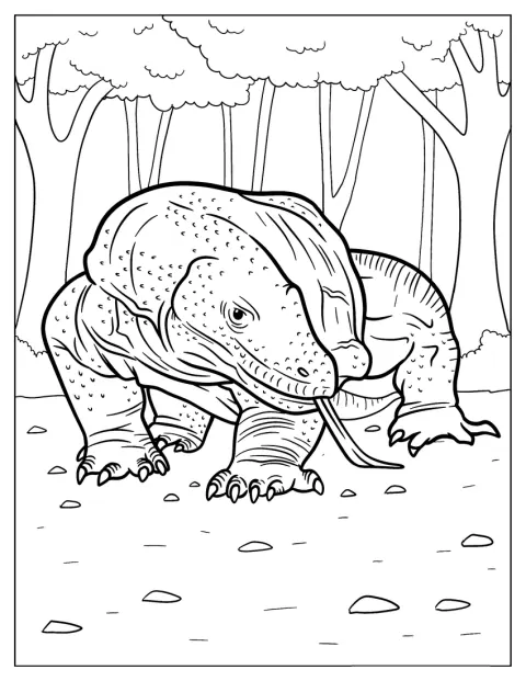 Un gran dragón de Komodo saca la lengua.