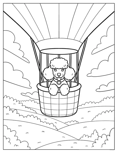 En puddel flyver i en luftballon over bølgende bakker.
