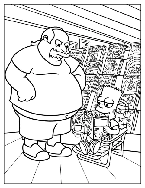 Jeff Albertson, el dependiente de cómics, mira a Bart con el ceño fruncido.