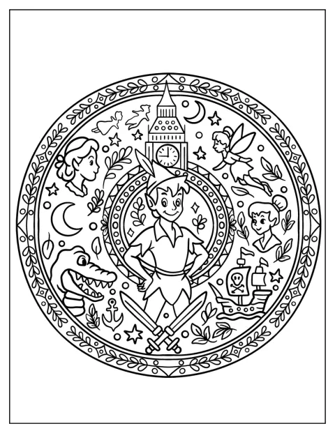 Un mandala détaillé réunit Peter Pan, un bateau pirate, une tour horloge et un crocodile.