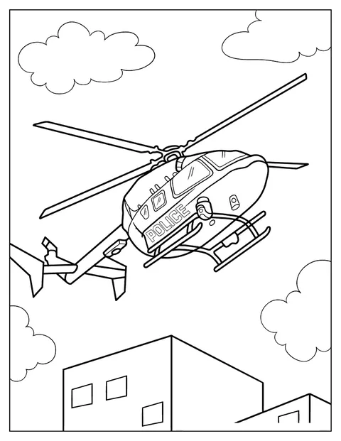 Policyjny helikopter leci wysoko nad ziemią.