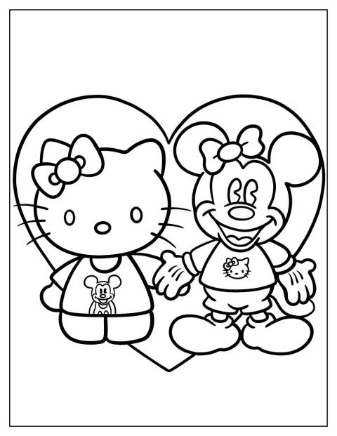Minnie Mouse holder Hello Kitty i hånden.