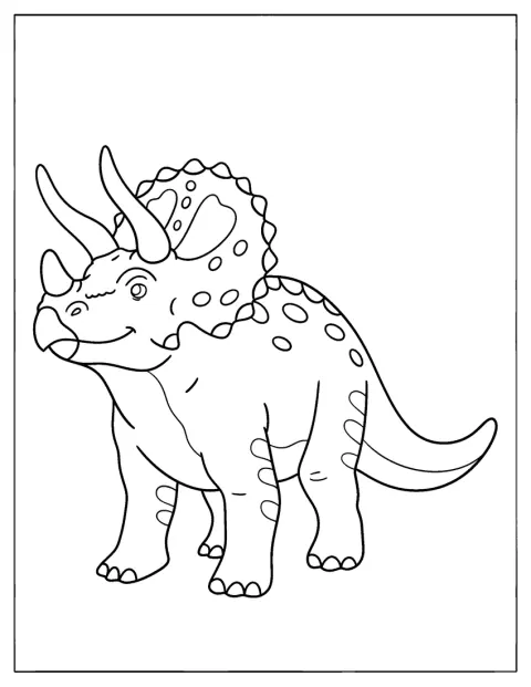 Täplikäs Triceratops seisoo sivuttain ja näyttää kolmiosaiset sarvensa.