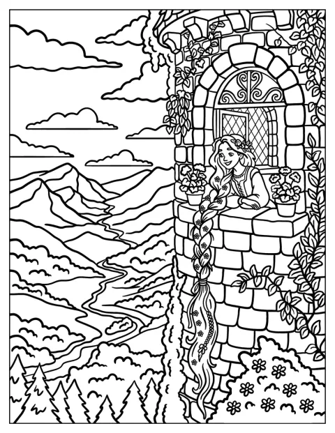 Desde lo alto de una torre, Rapunzel deja caer su larga cabellera.