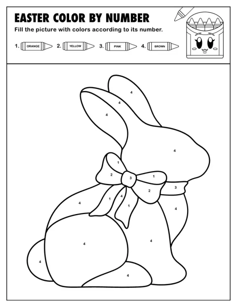 Um coelhinho da Páscoa com um laço aparece num desenho simples.