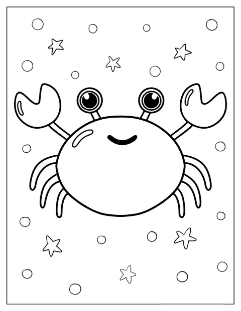 Um pequeno caranguejo sorridente aparece em estilo chibi, com pinças levantadas.