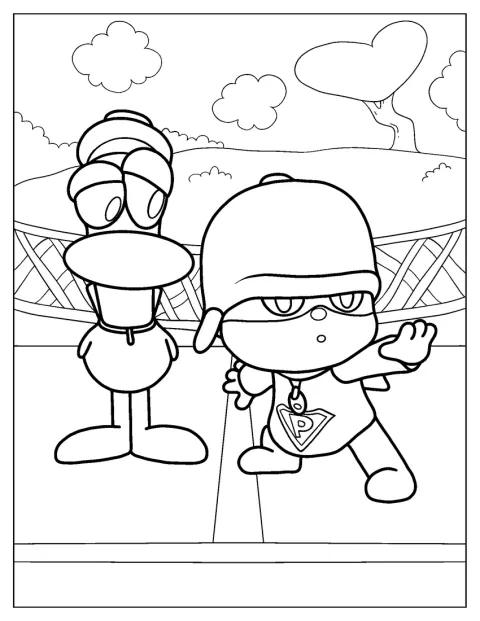 Pato steht neben Pocoyo, der als Superheld verkleidet ist.