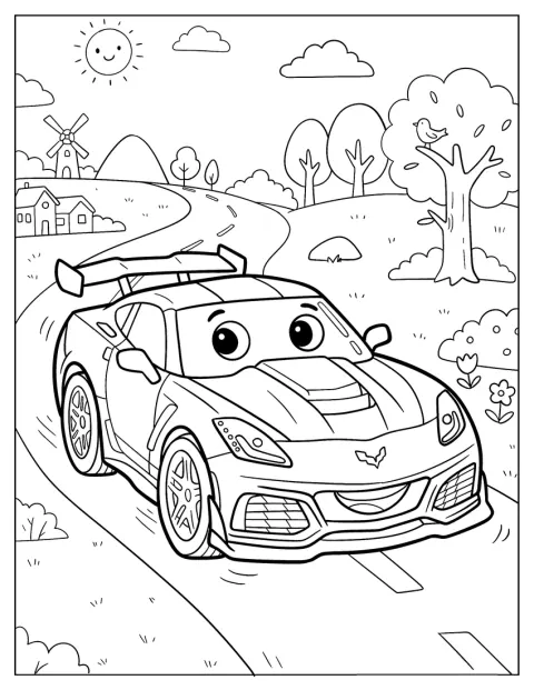 Sarjakuvamainen Corvette-kilpa-auto ajaa tietä pitkin.