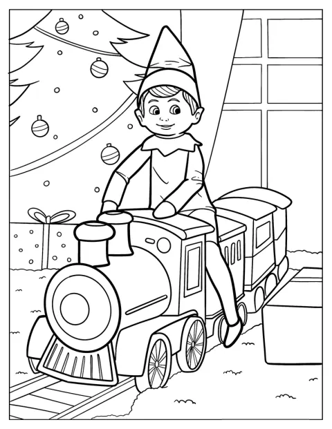 エルフがおもちゃの列車に乗り、クリスマスツリーのそばを走っています。