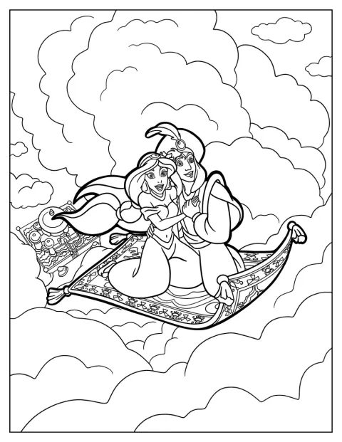 Jasmine And Aladdin Flying Through The Clouds