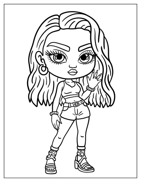 En liten chibi-baddie poserar i magtröja och shorts.