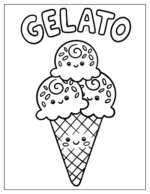 En kugle gelato med et smil sidder i en sprød vaffel.