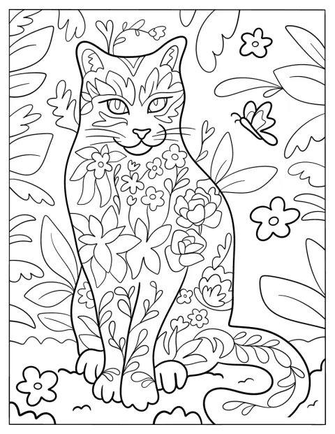 Um gato grande com padrões florais surge entre borboletas e folhas.