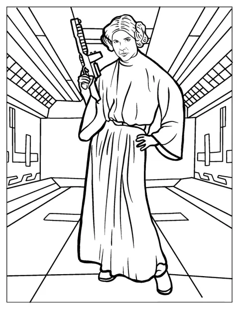 Prinses Leia houdt een blaster vast.