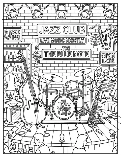 Musikkinstrumenter står på en scene i en jazzklubb.