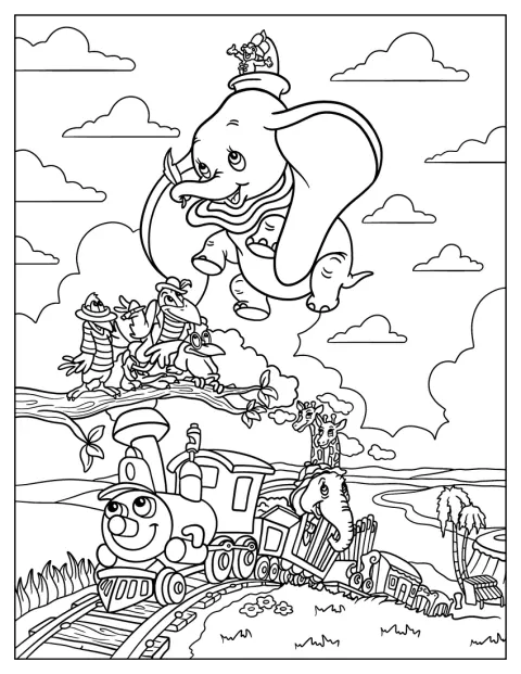 Dumbo vuela sobre un tren de circo acompañado por sus amigos animales.
