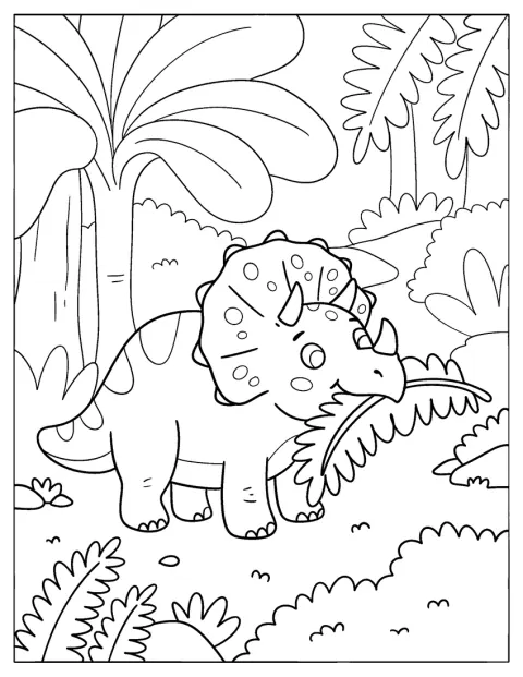 Triceratops se pase na kapradinách v džungli.