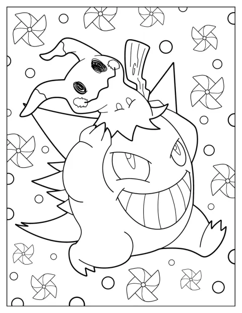 Gengar y Mimikyu juegan juntos alegremente.